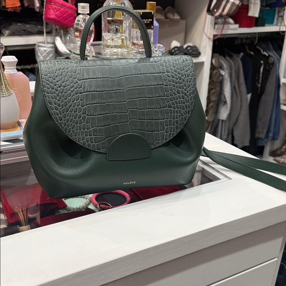 Polene Dark Green Croc-Embossed Satchel